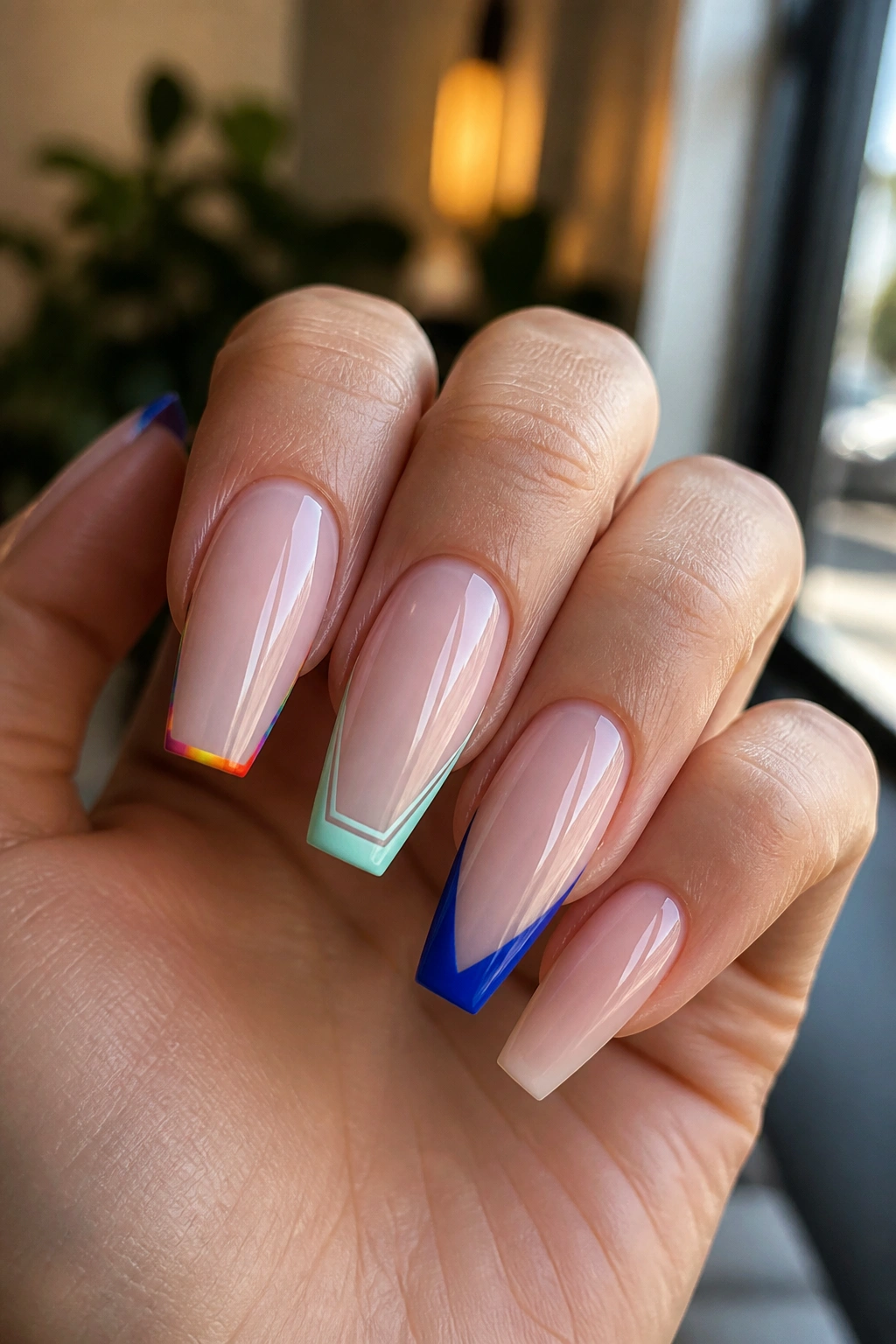 Close-up of coffin nails with rainbow micro tips, mint double-line tips, and cobalt V-tips on a real hand in a warm salon.