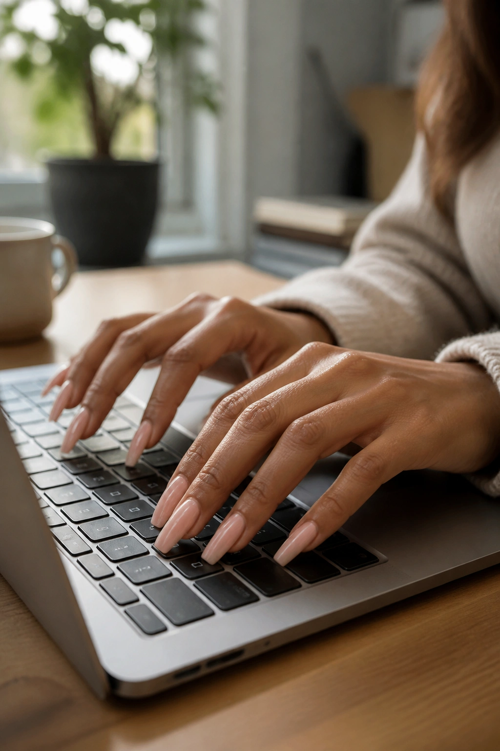 Close-up of long coffin nails typing on a laptop at a desk