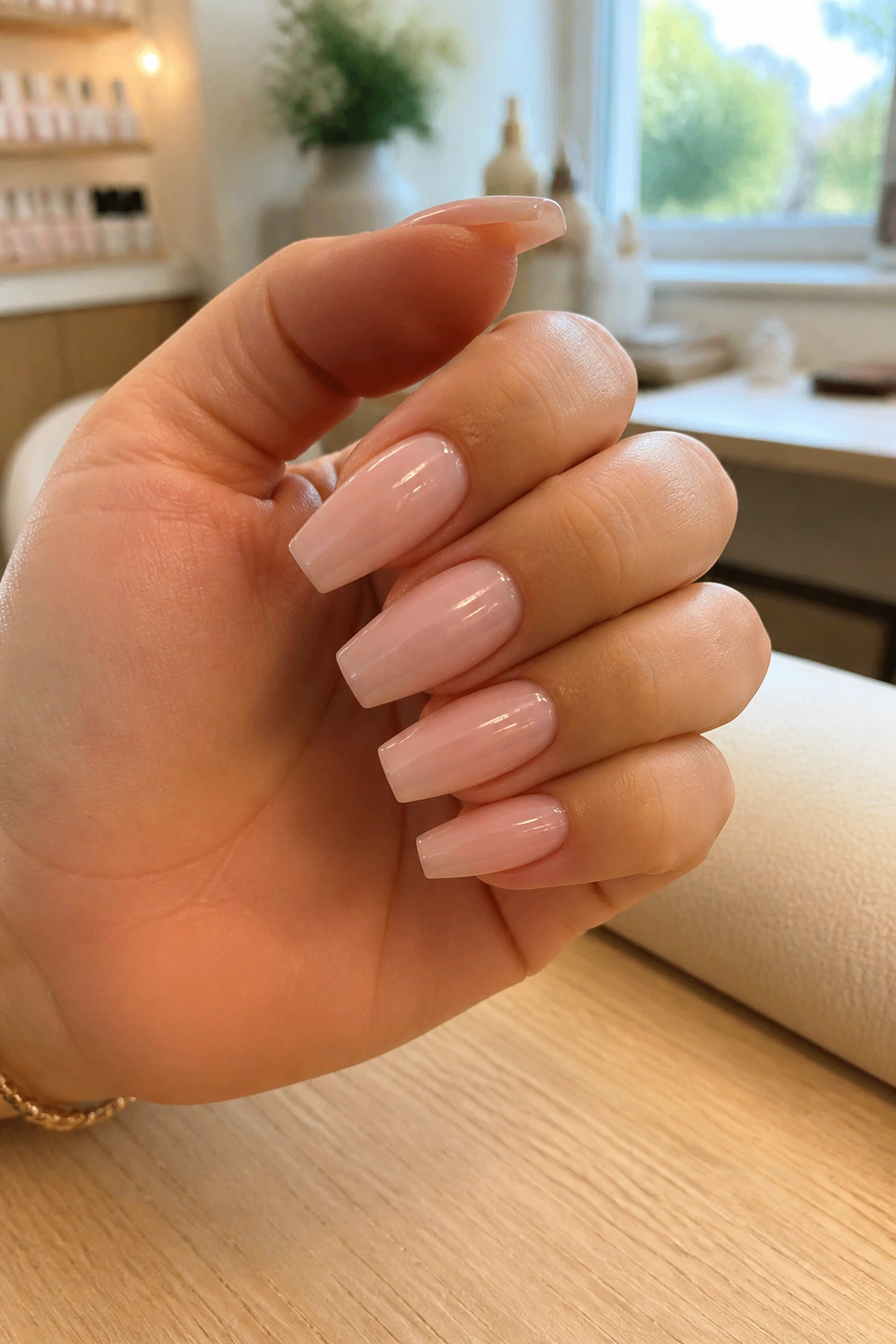 Close-up of short to medium coffin nails in a glossy finish on a real hand