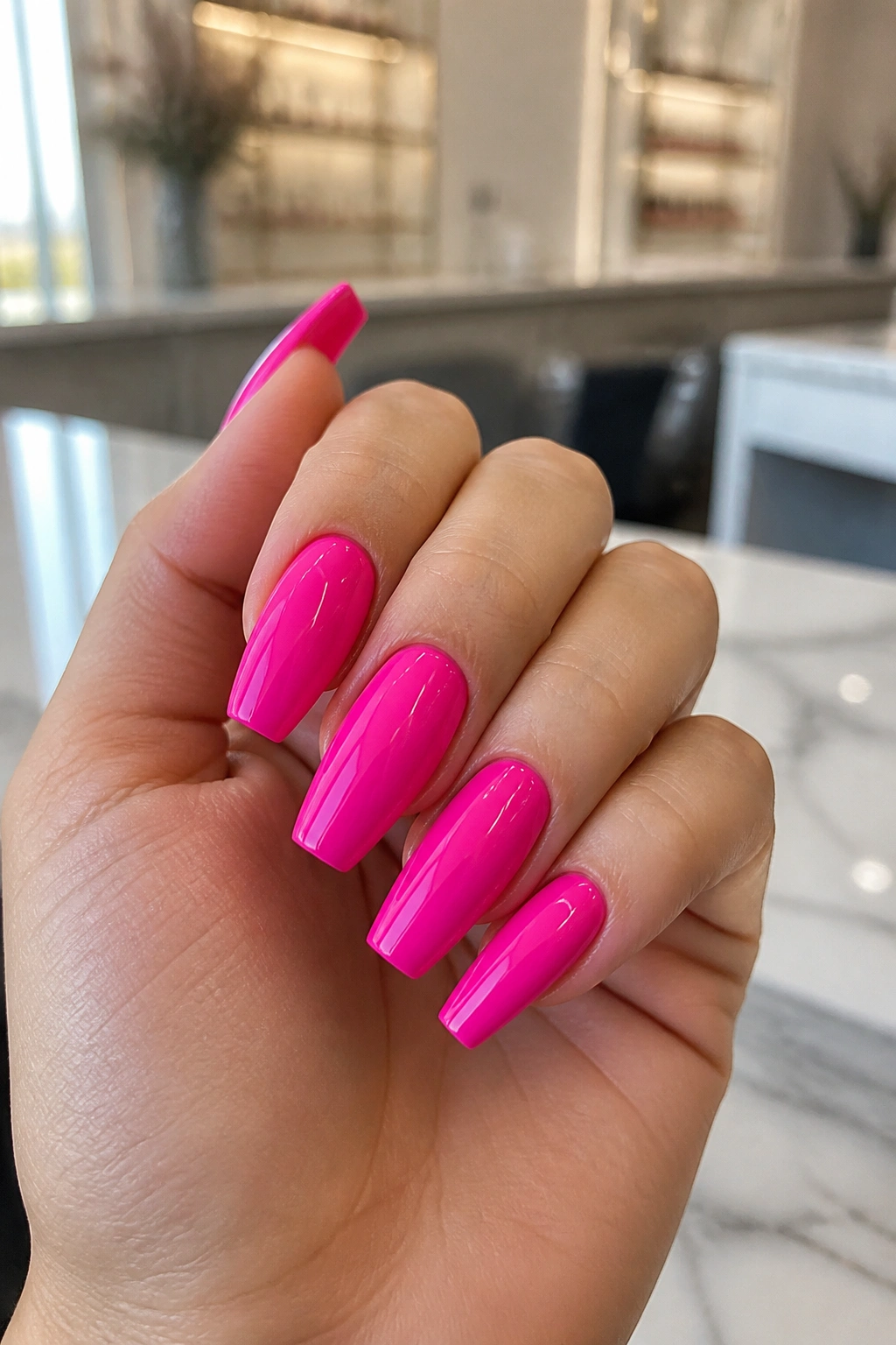 Close-up of hot pink coffin nails showing length and shine in a bright salon