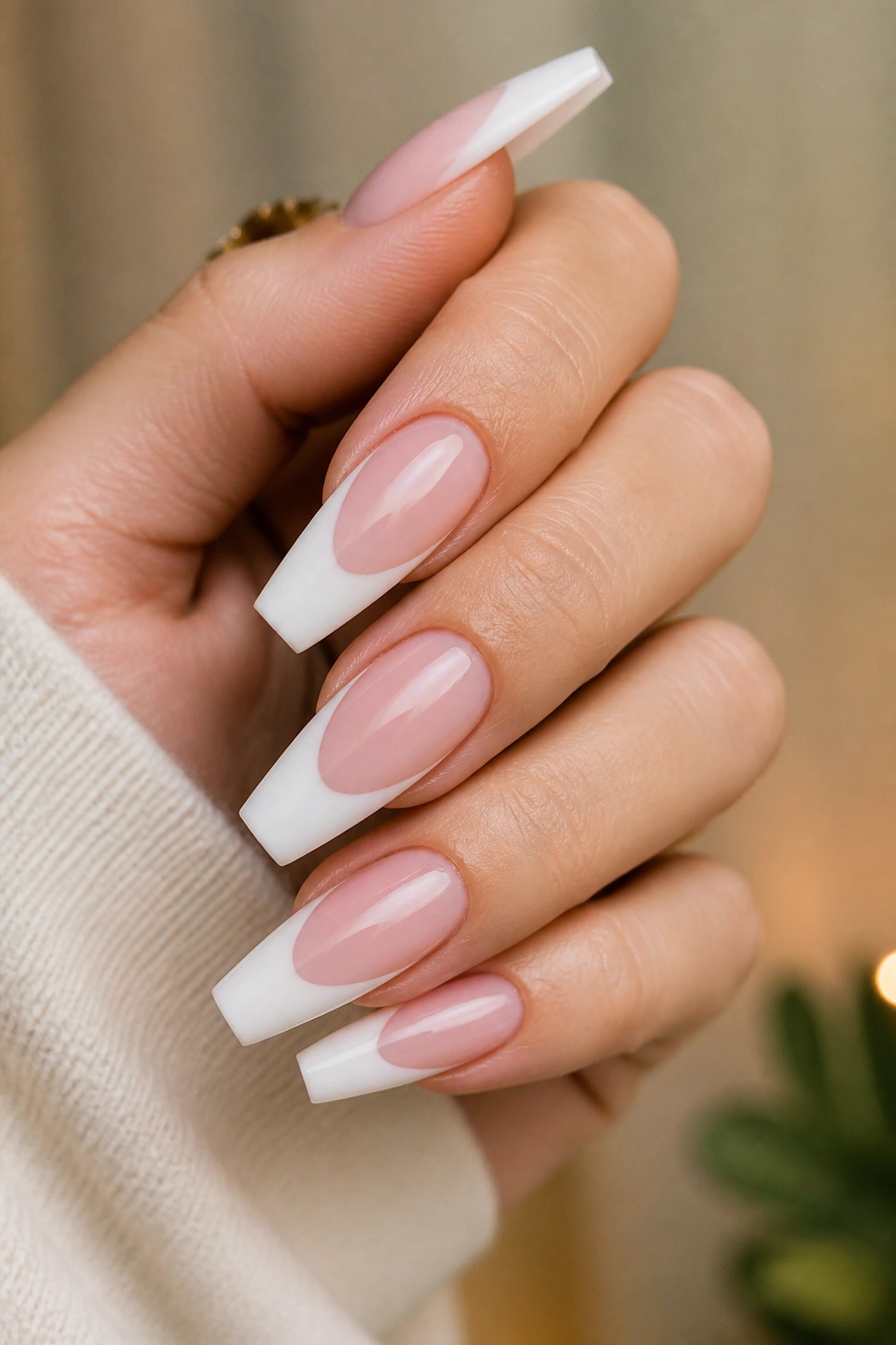 Close-up of coffin nails with medium length, deep smile line, and pink tone