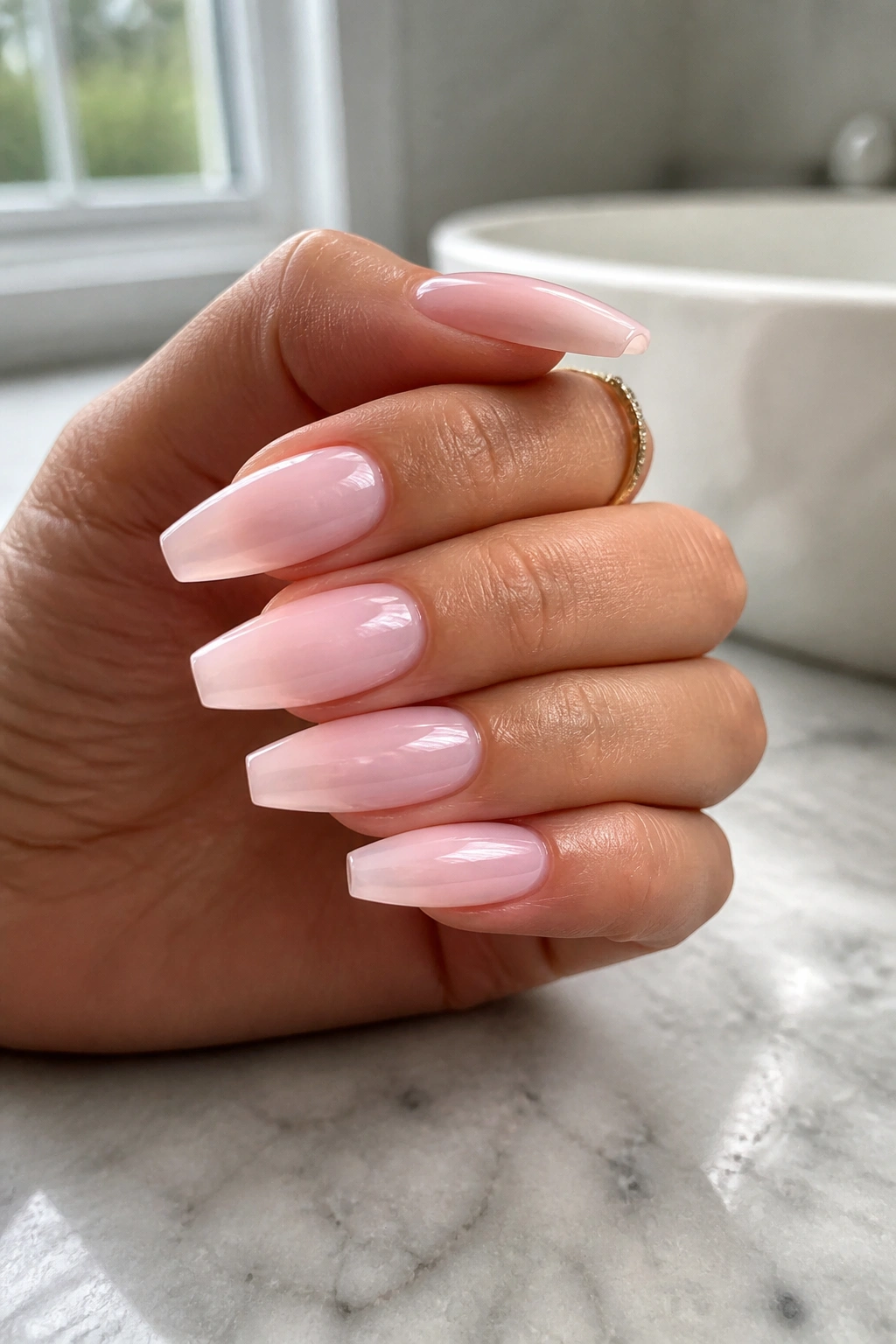 Close-up of pale pink coffin nails on a real hand, showcasing coffin shape