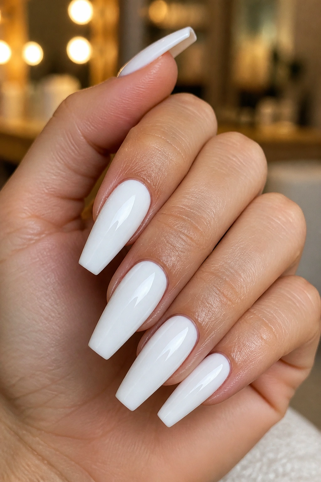 Close-up of coffin-shaped nails on a real hand with straight sidewalls and tapered tips
