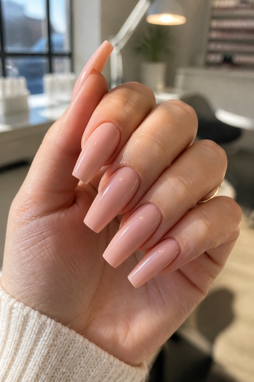 Close-up of coffin nails on real hand with nude-pink gloss in a salon