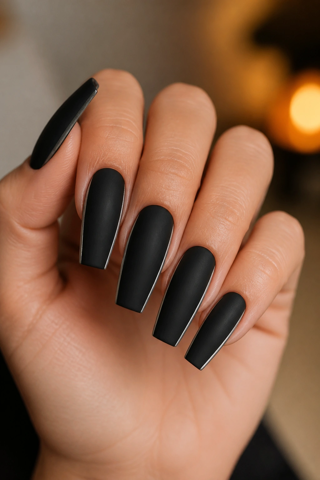 Close-up of real hand with matte black coffin nails and silver side stripes
