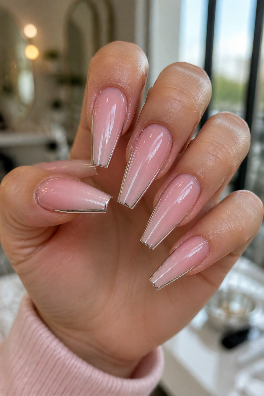 Close-up of coffin-shaped nails with frosted pink base and chrome edges on a real hand in a salon