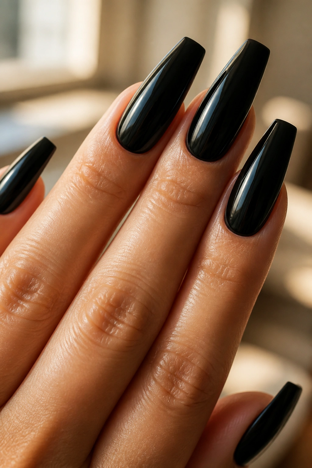Close-up of coffin-shape nails in glossy black on real hand