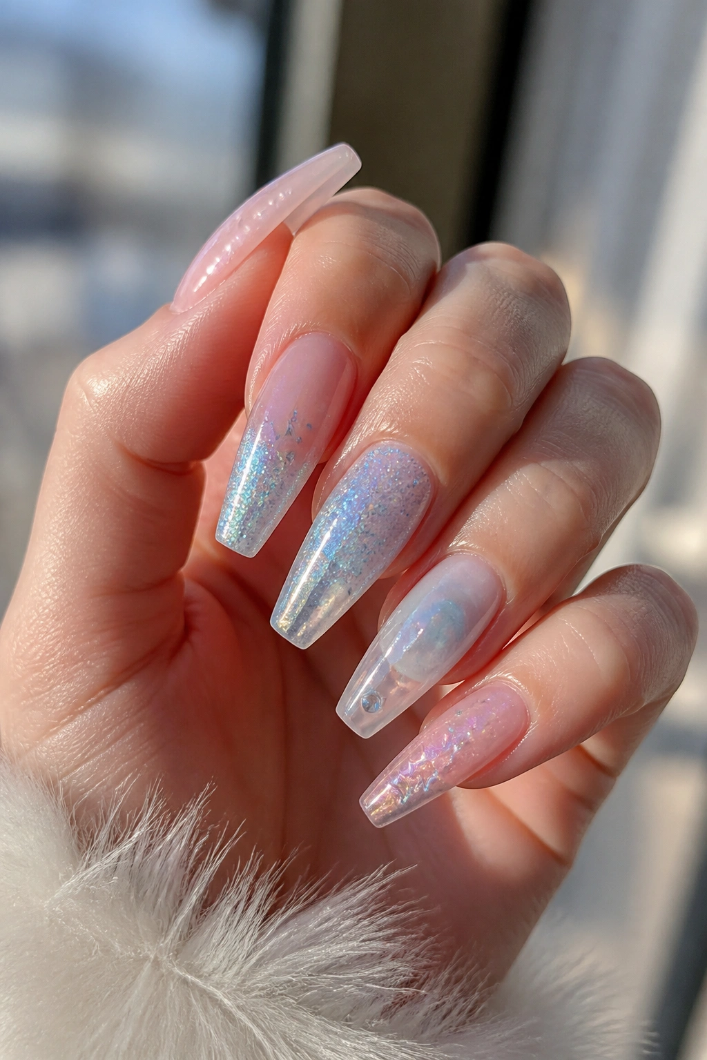 Nails showing milky pink, icy blue glitter, and jelly tones with gloss finish in a salon close-up