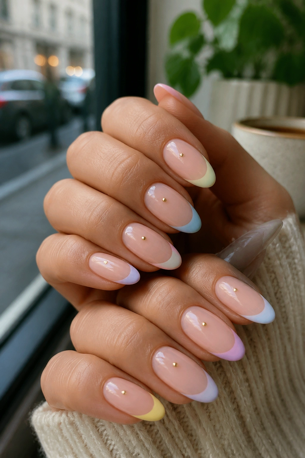 Almond nails with colored tips and tiny center motif