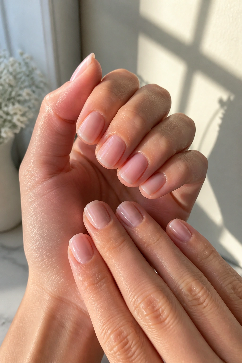 Close-up of hands with short squoval nails in natural window light