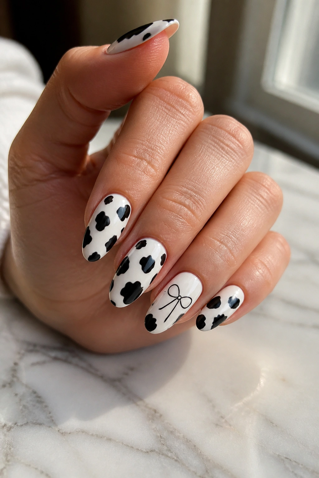 Close-up of a hand displaying cow print almond nails with tiny bow accents