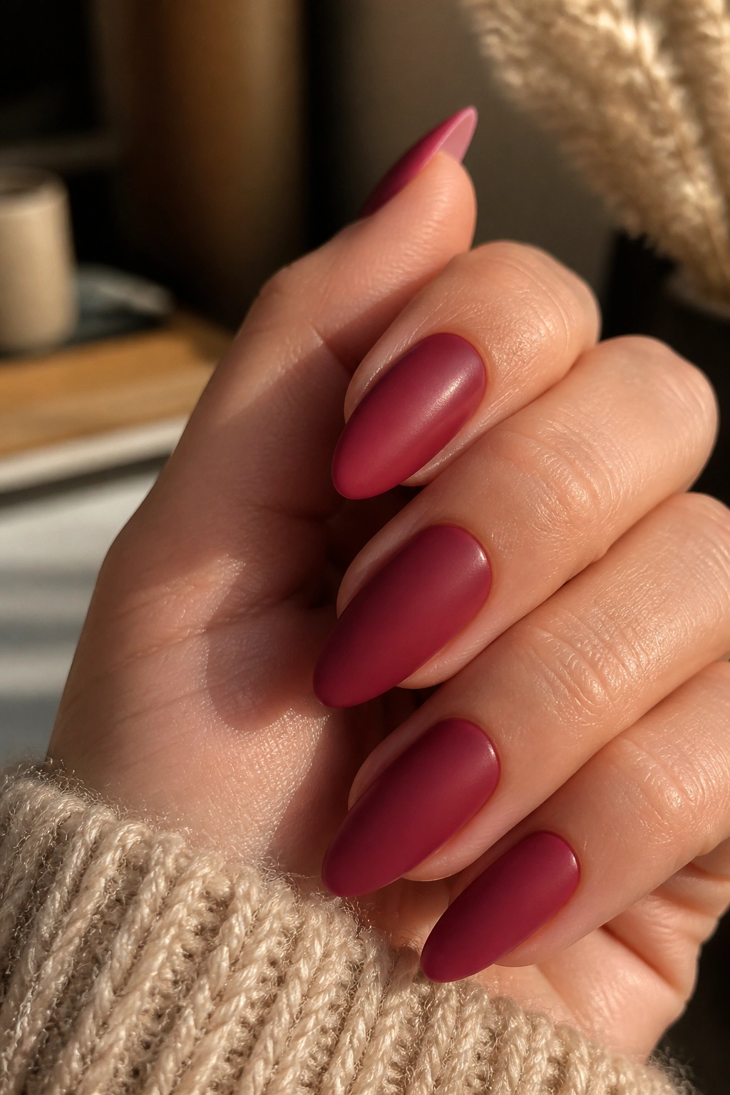 Close-up of cranberry cream almond nails on a real hand, warm vanity lighting.