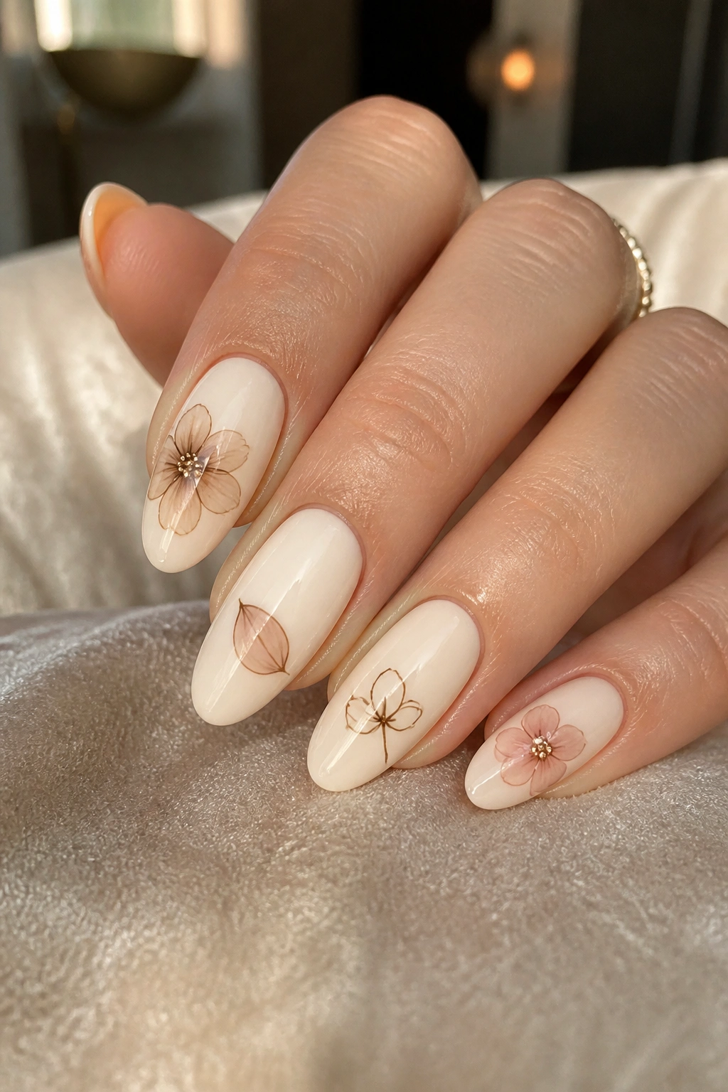 Close-up of cream almond nails with mixed petal details on a hand