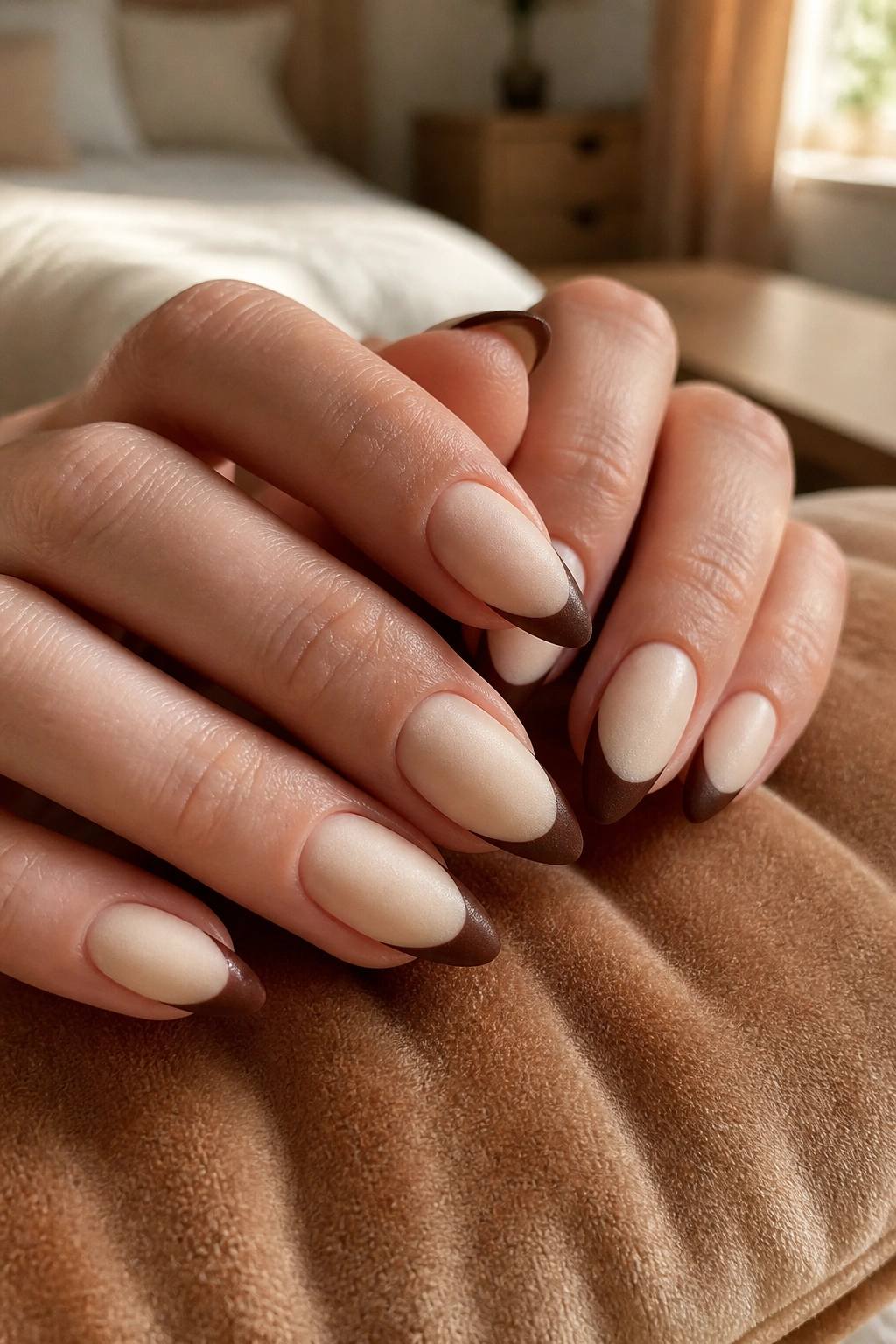 Close-up of almond nails with cream base and cocoa velvet matte tips on real hands