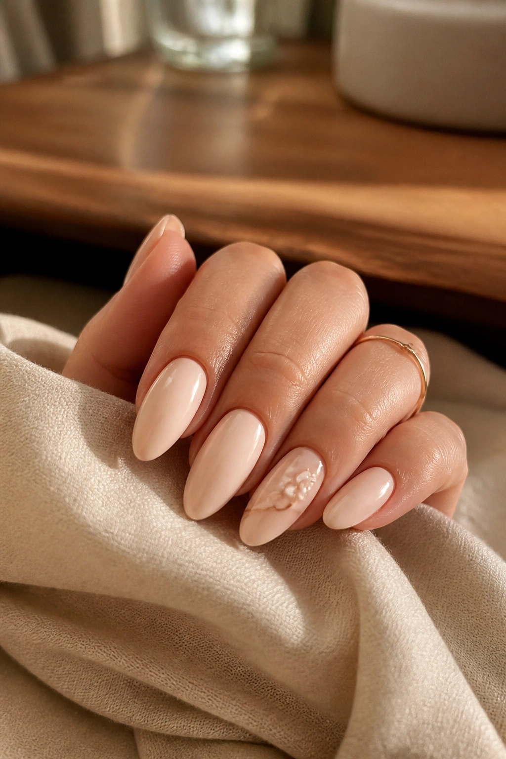 Close-up of creamy beige almond nails with a single accent nail on a real hand