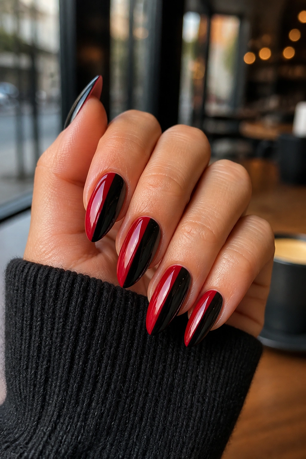 Close-up of long almond nails with crimson and black split design on a real hand