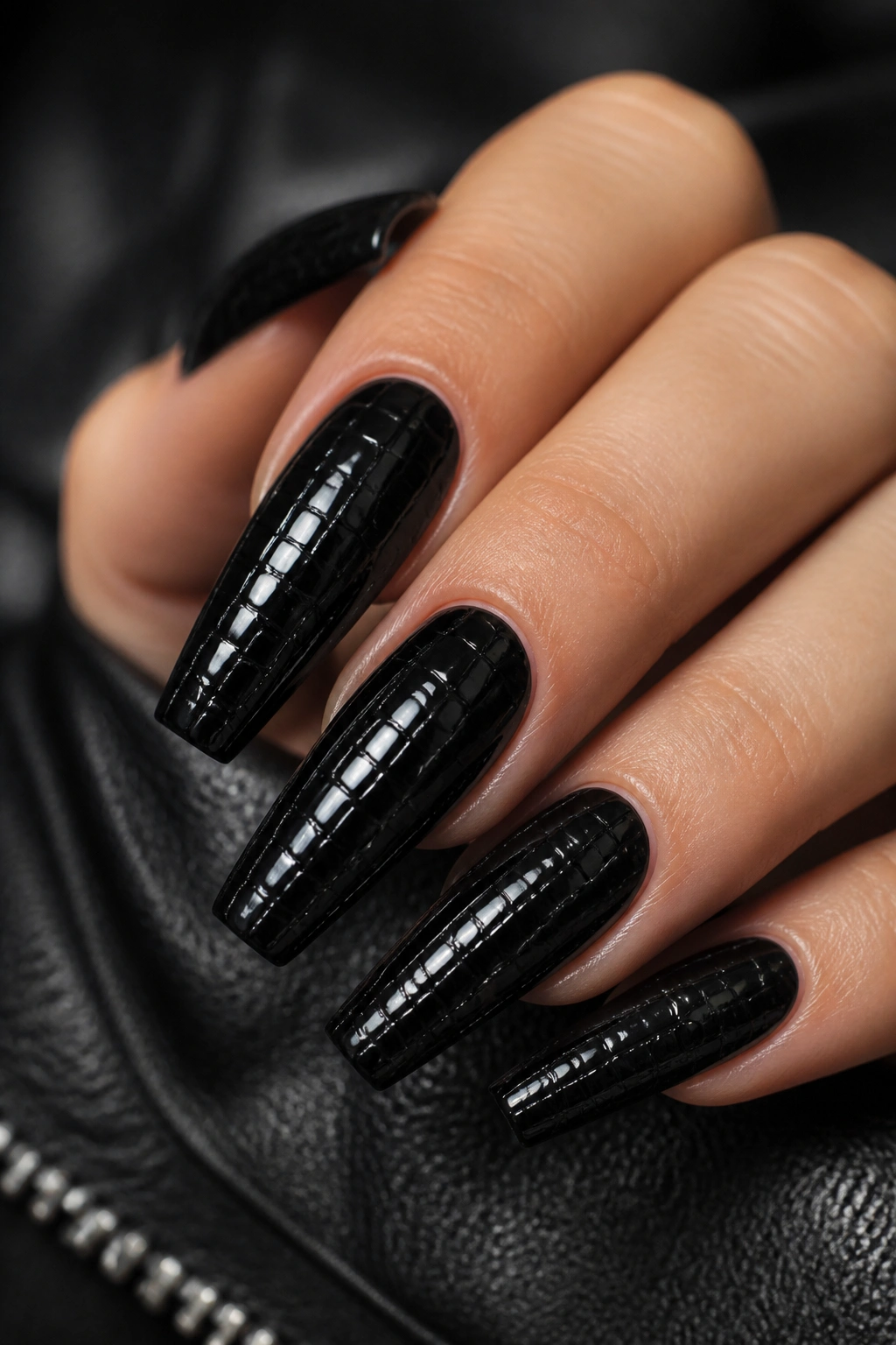 Close-up of black croc-texture coffin nails on a real hand
