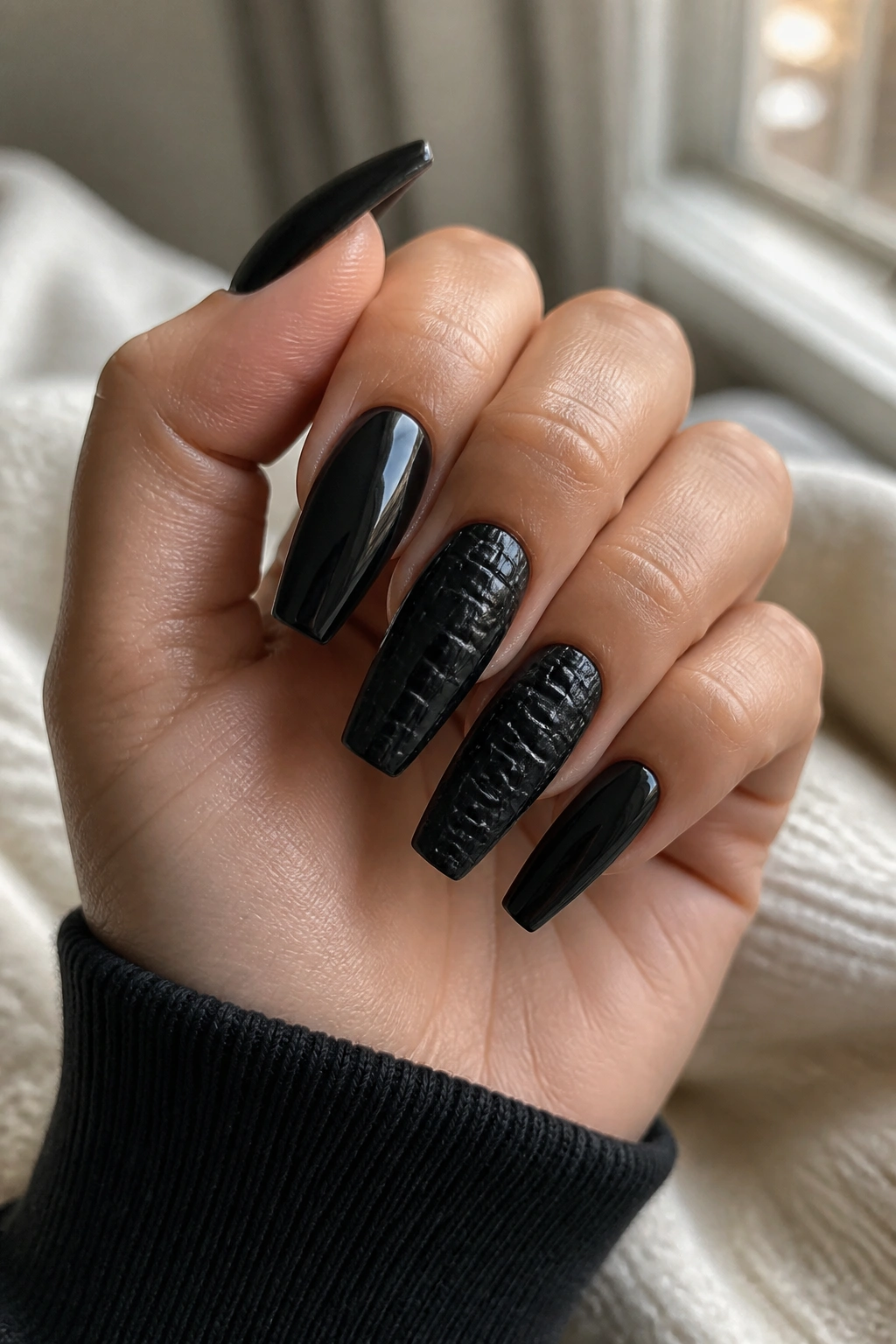 Close-up of embossed black croc texture coffin nails on a real hand