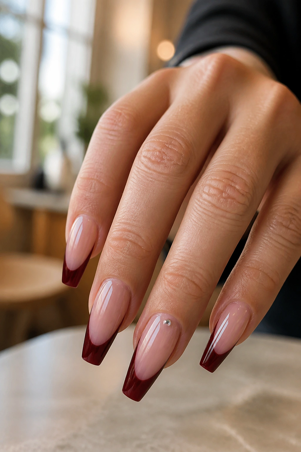 Close-up of a hand with a coffin nail featuring a dark red French tip and a crystal near the cuticle on the ring finger.