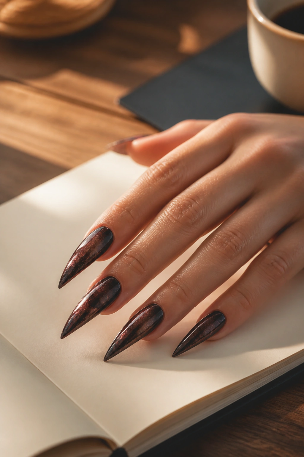 Close-up of a hand with curved stiletto nails resting on a blank notebook on a wooden desk, warm light
