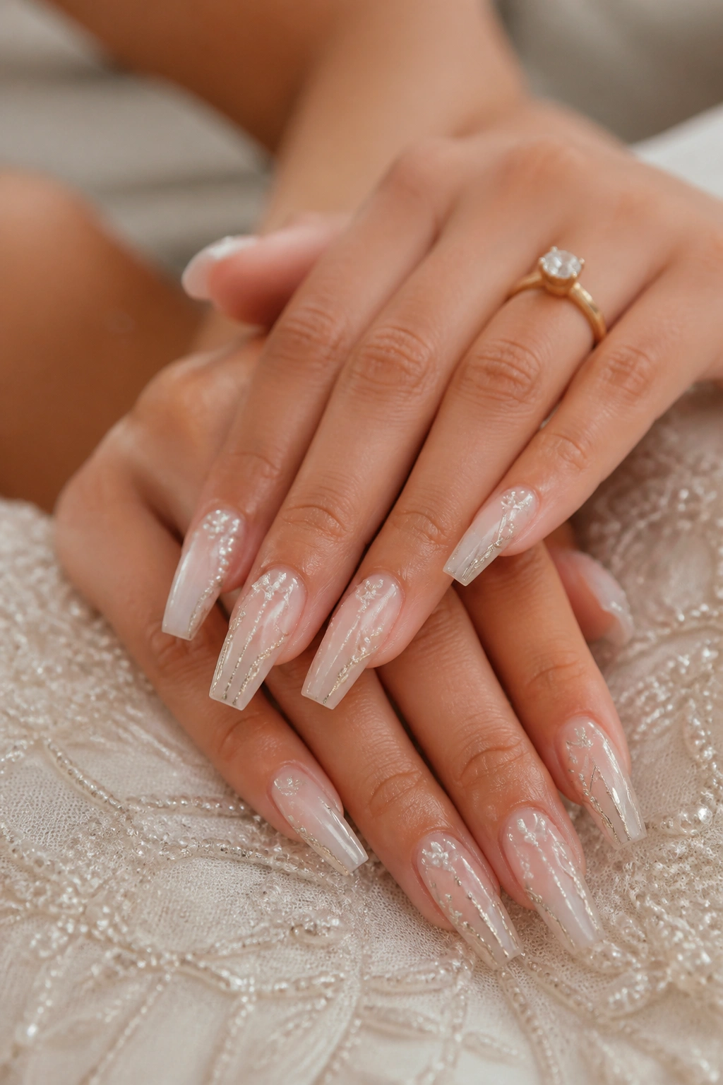 Close-up of custom coffin nails echoing dress beading with pearl accents