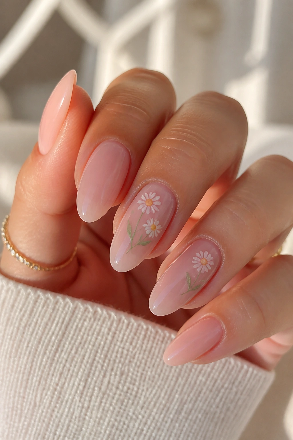 Close-up of almond nails with sheer blush base and tiny daisies