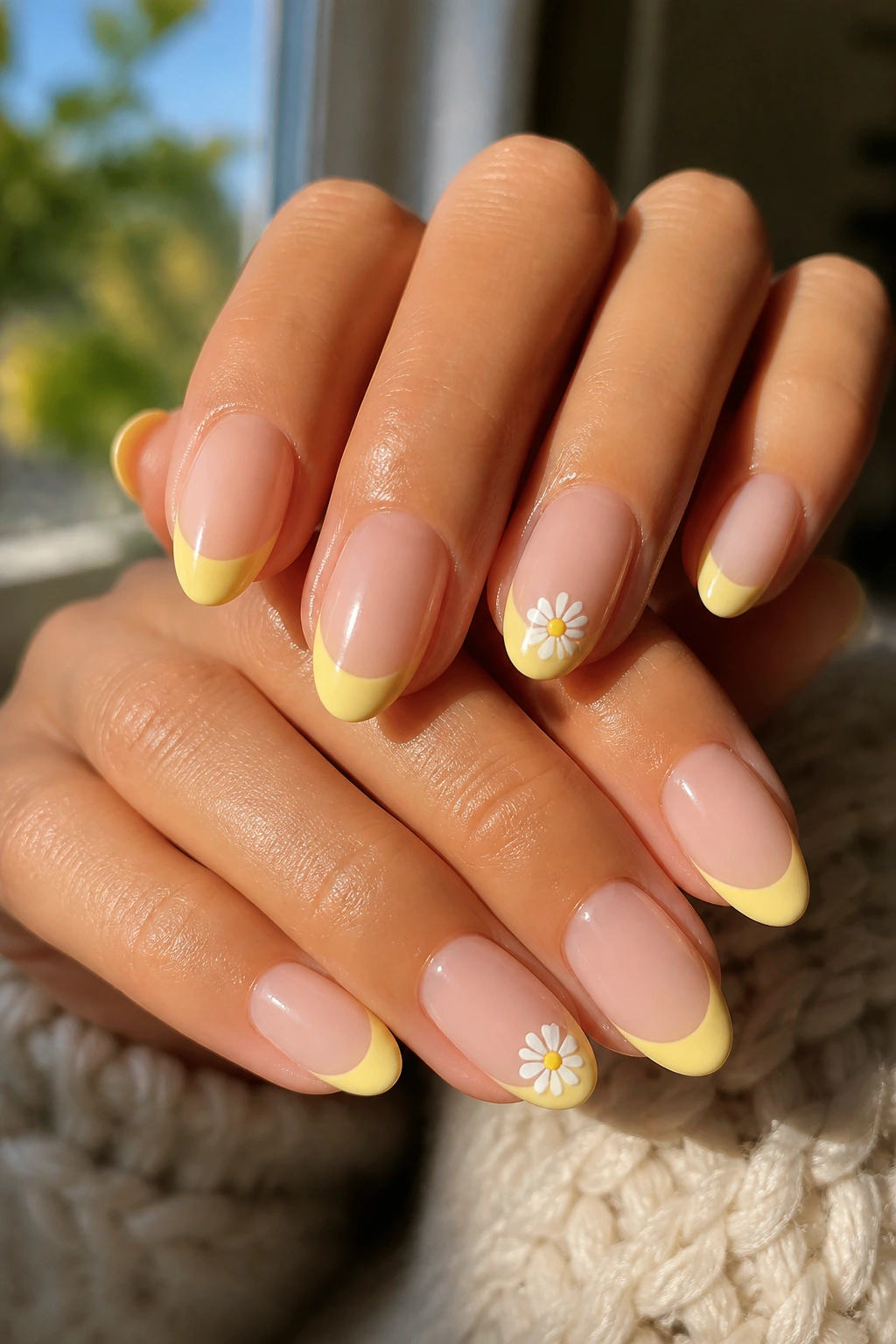 Almond nails with butter yellow tips and tiny daisies on real hands