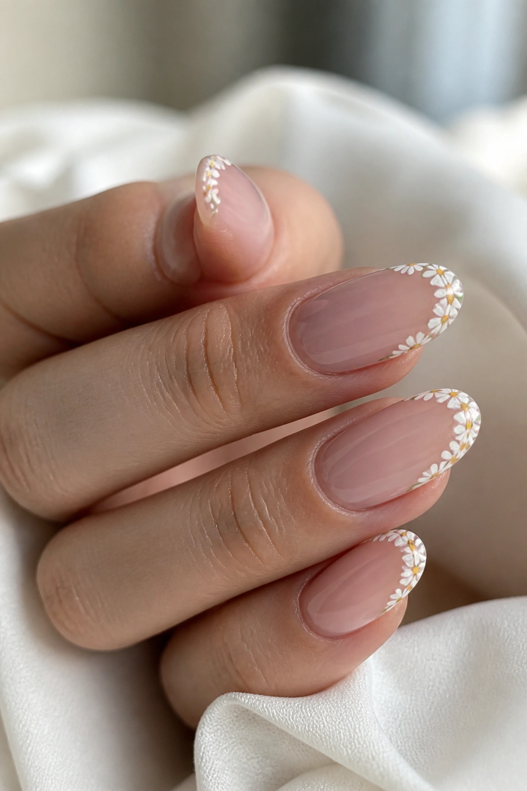 Close-up of almond nails with daisy-chain French tips on a real hand