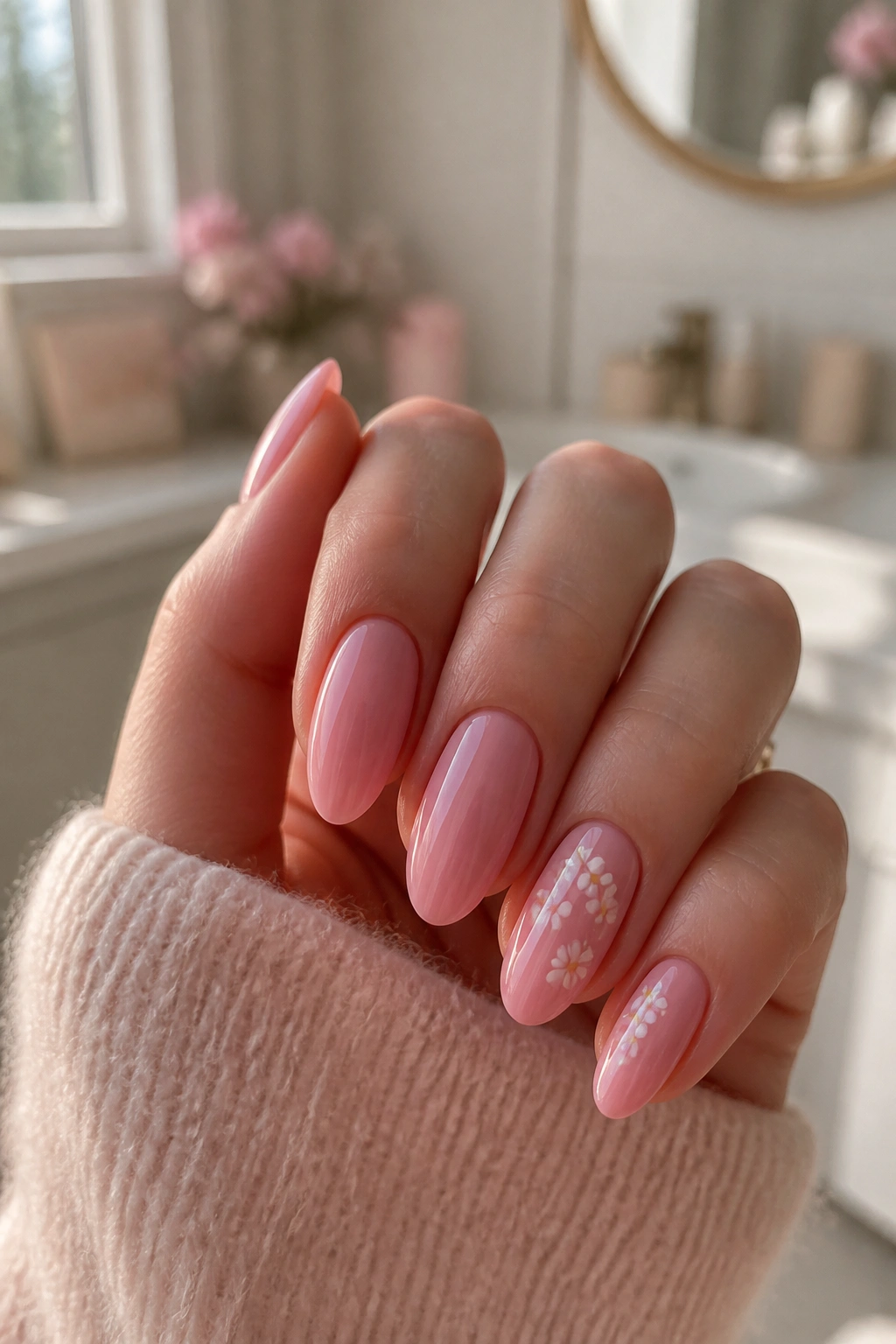 Close-up of a real hand with pink almond nails featuring tiny daisies on nails.