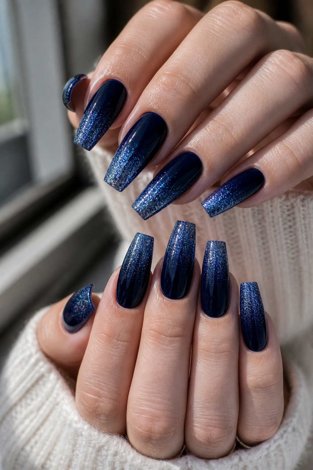 Close-up of dark blue glitter fade coffin nails on a real hand