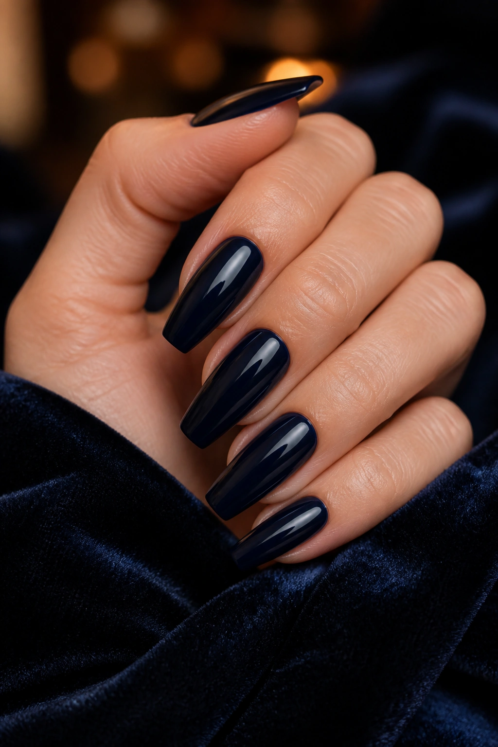 Close-up of a real hand with glossy dark blue ballerina nails on velvet
