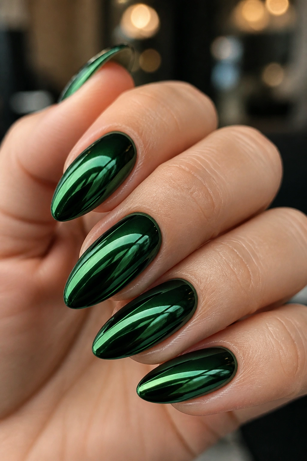 Close-up of dark green chrome almond nails on a real hand