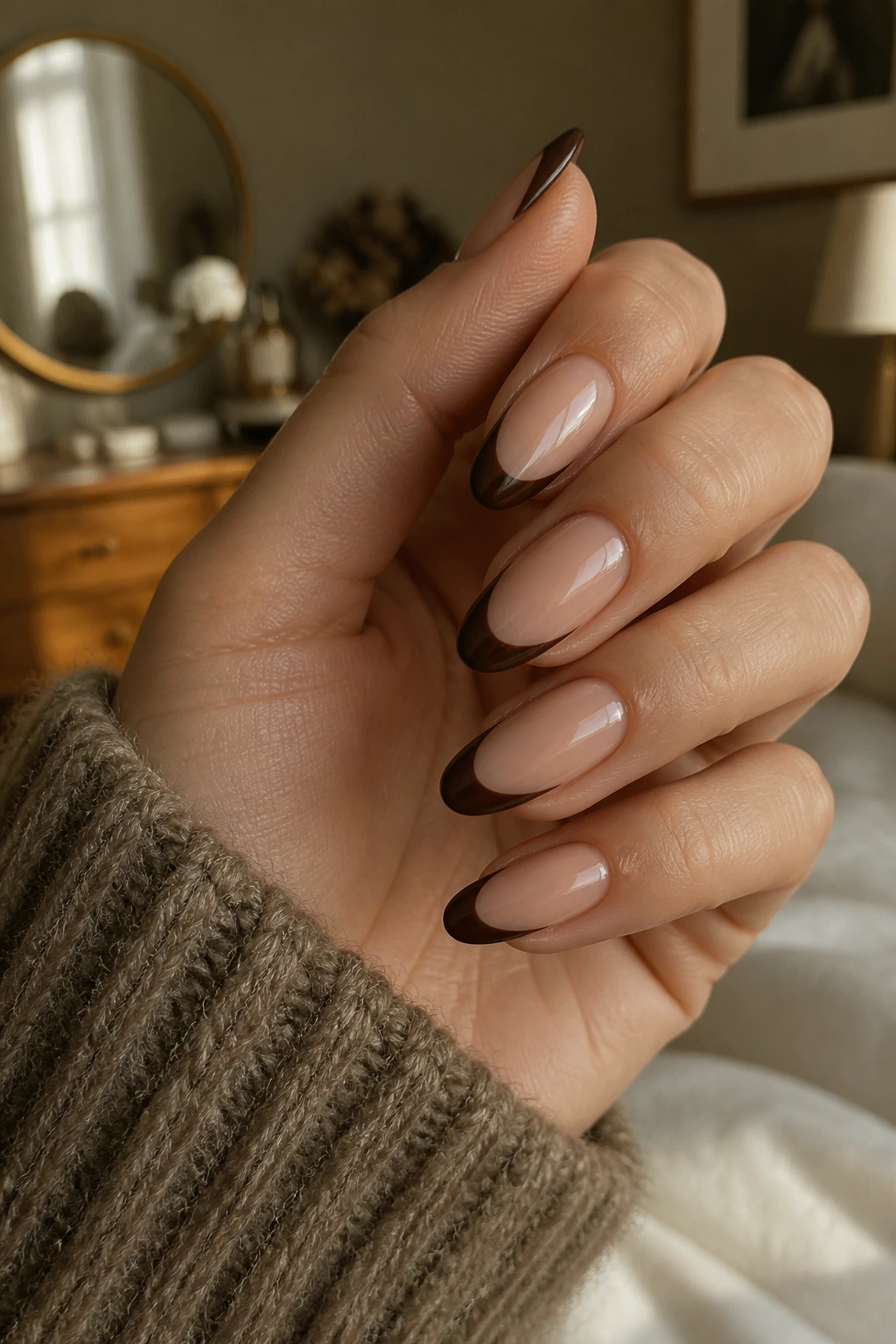 Close-up of almond-shaped nails with dark roast brown French tips on a nude base