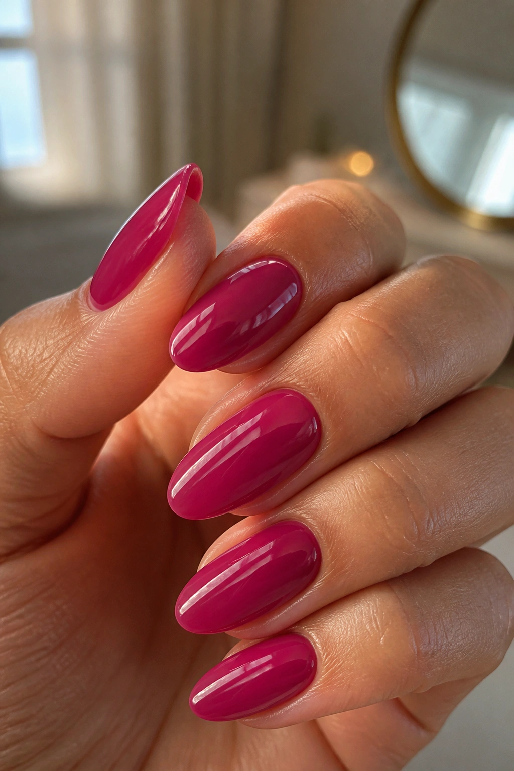 Close-up of almond nails painted deep berry pink with a glassy finish on a real person's hand