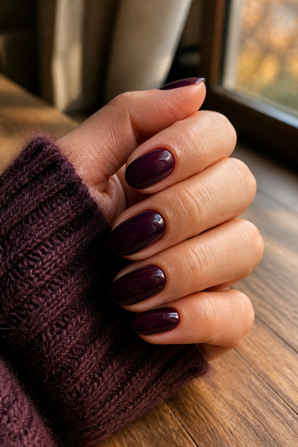 Close-up of deep plum short oval nails on a real person's hand in a warm indoor setting