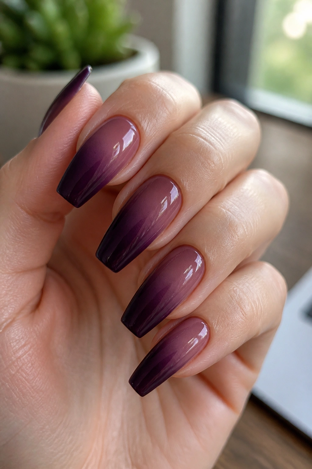Close-up of deep plum ombré coffin nails on real hand