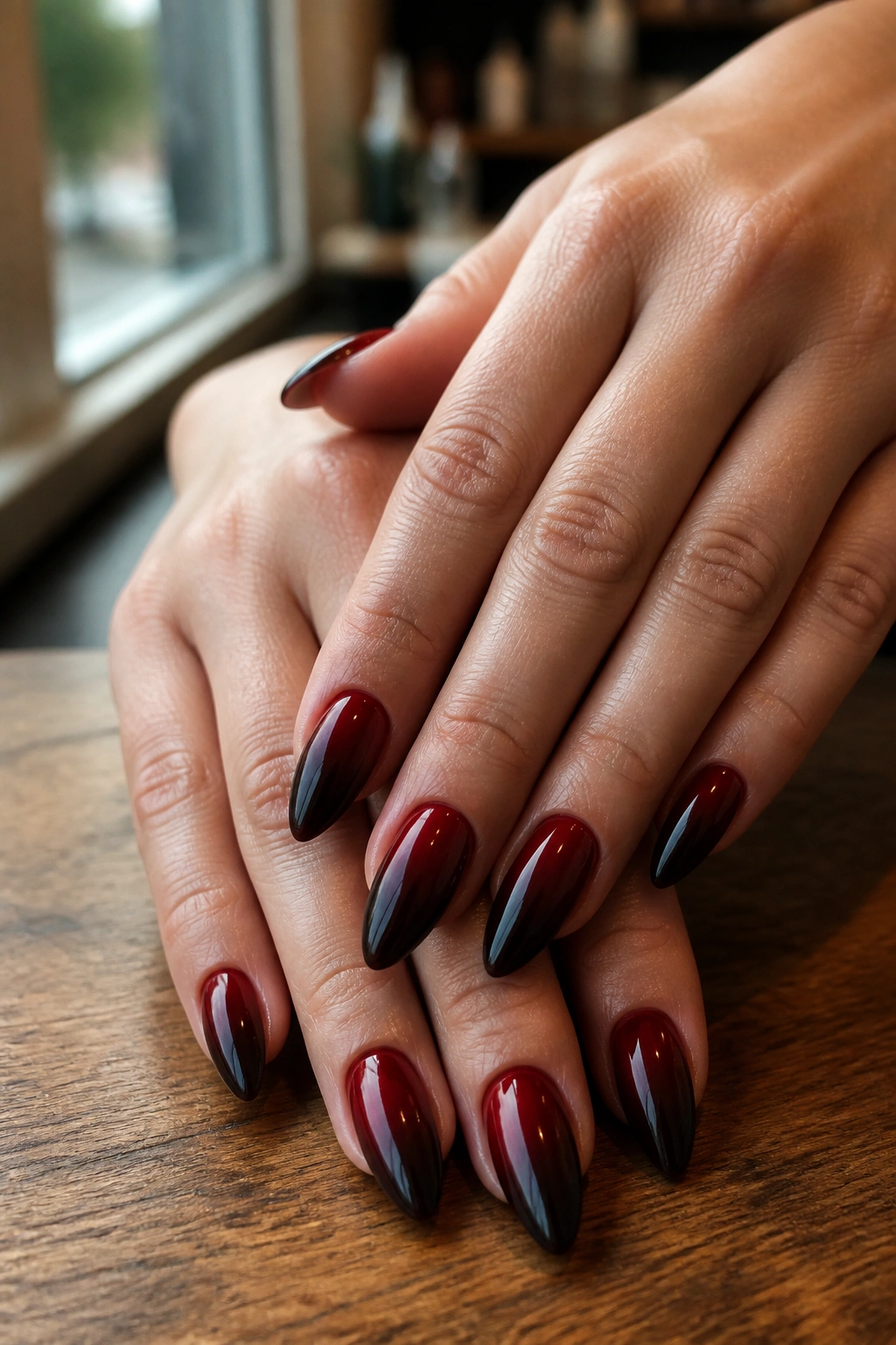 Close-up of deep red almond nails with smoky black fade in natural light