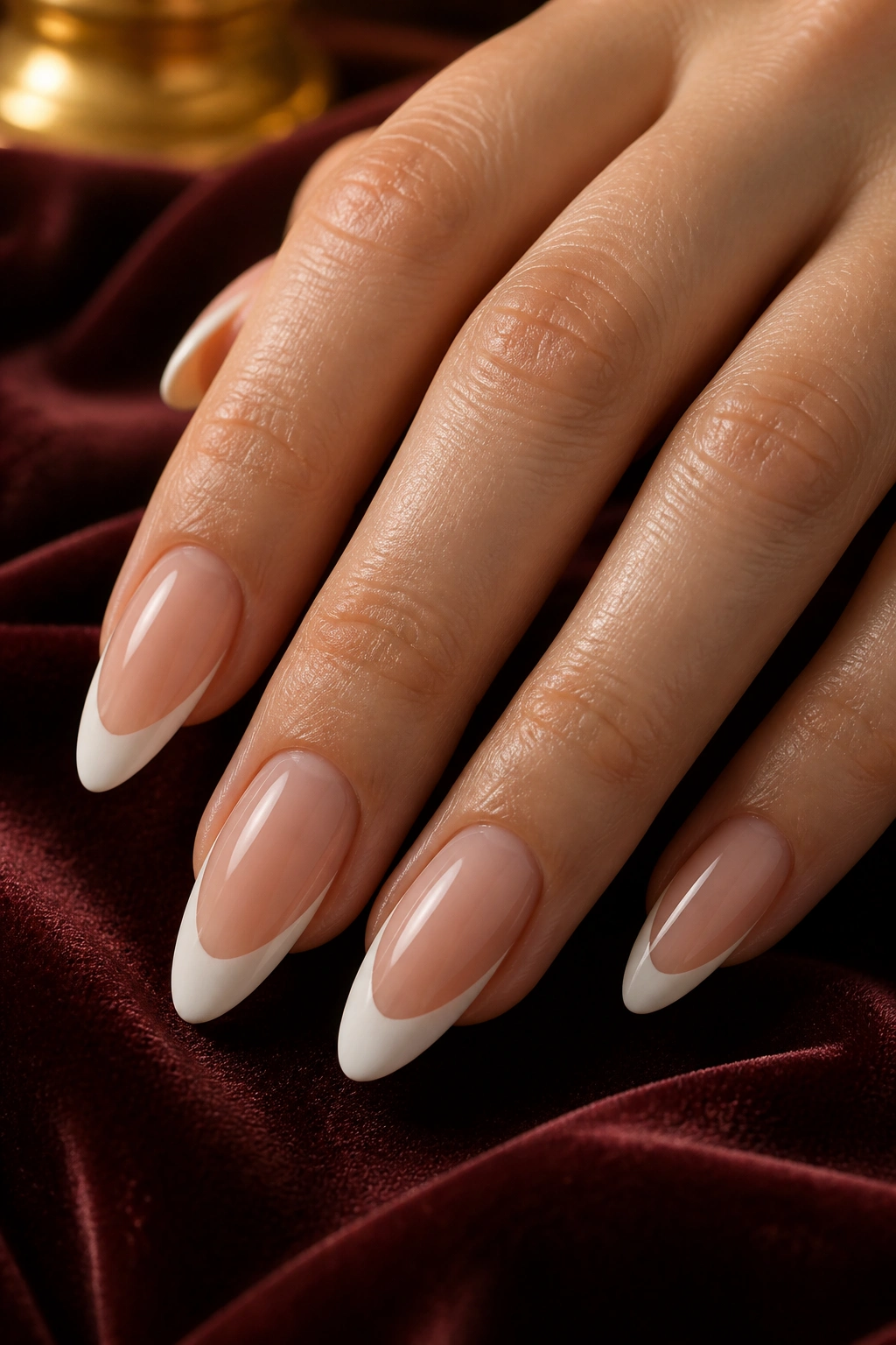 Close-up of almond nails with a deep smile line French tip on nude base.