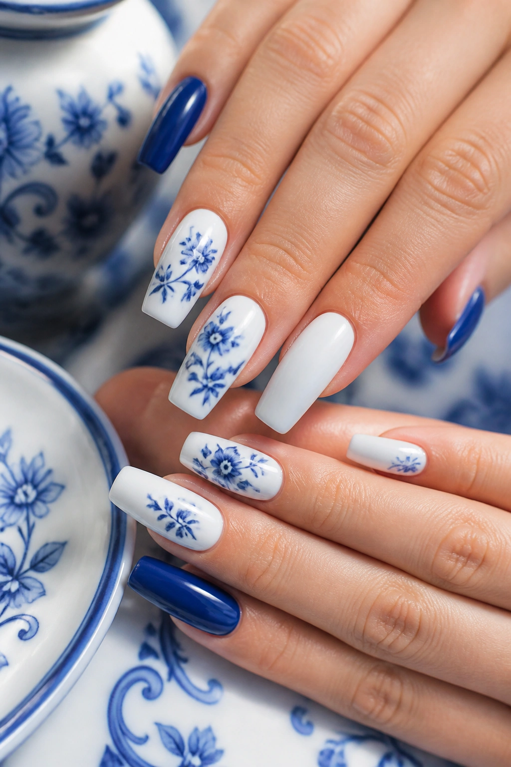 Coffin nails with Delft blue floral motifs on white base