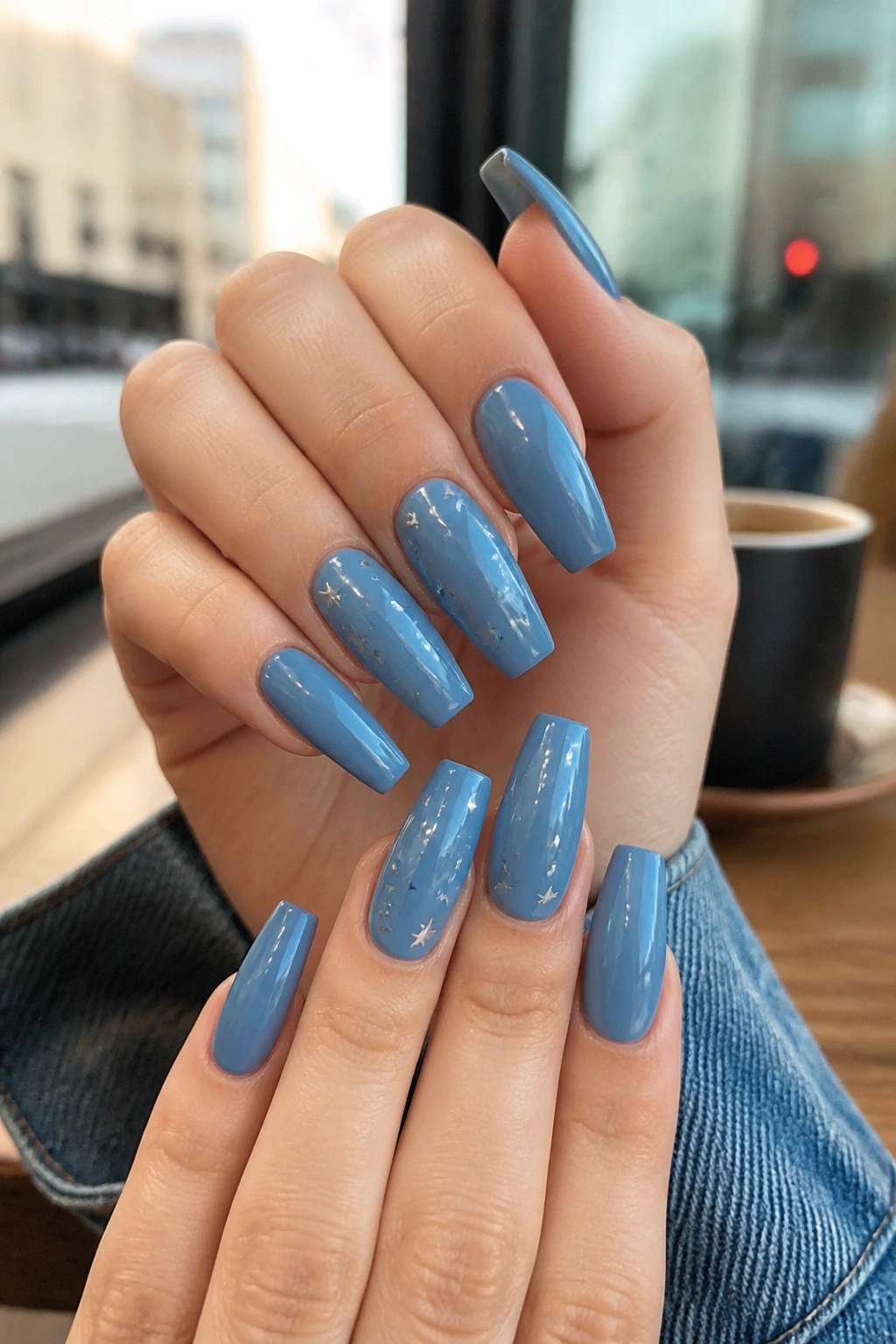 Denim blue coffin nails with tiny star accents