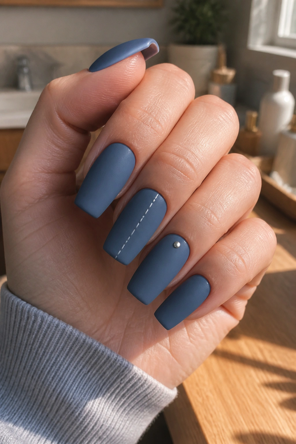 Close-up of denim blue matte coffin nails with stitch detail on a real hand