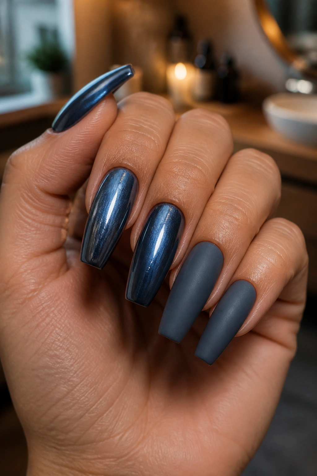 Close-up of denim blue chrome coffin nails with matte slate accents on a real hand under warm indoor light