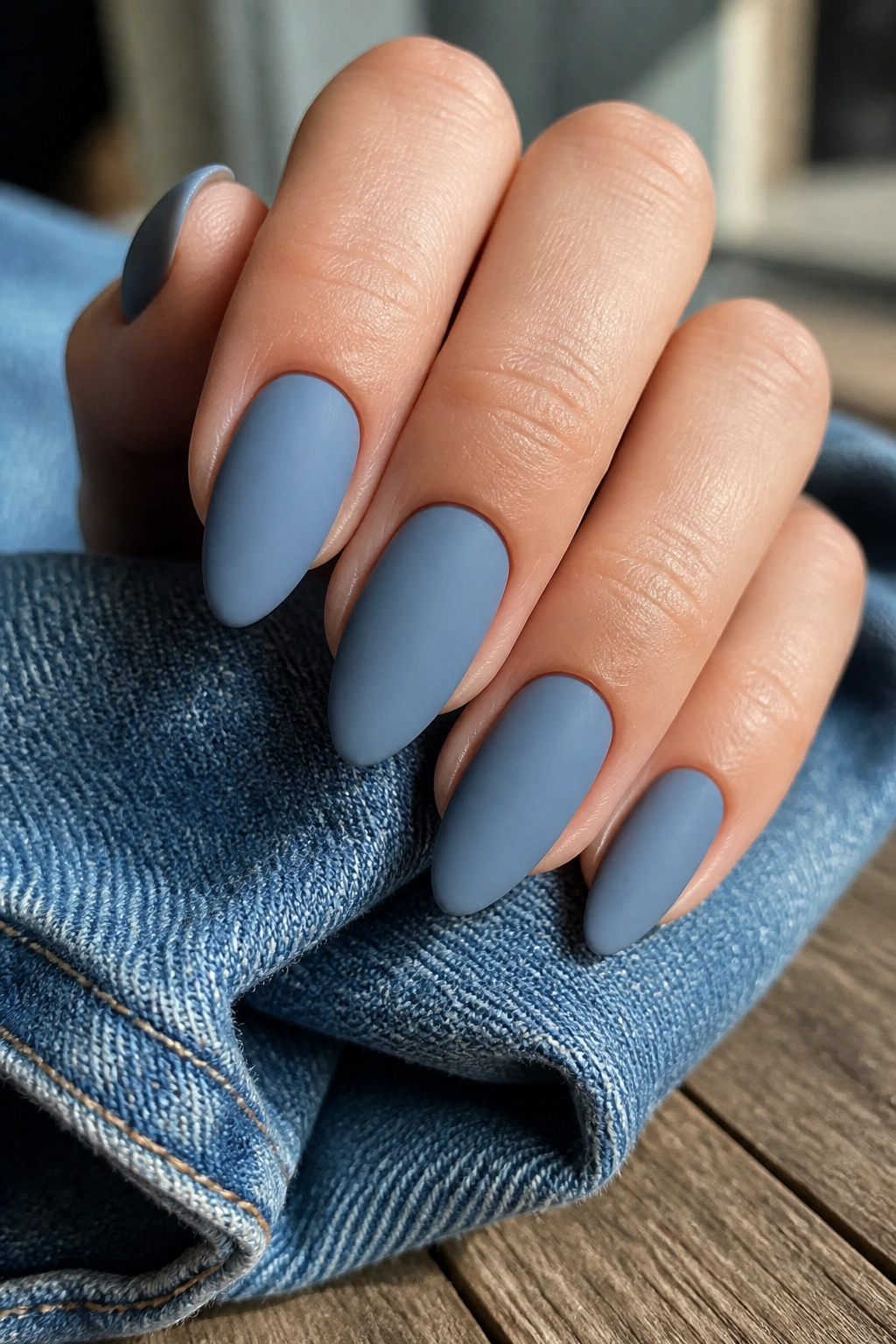 Close-up of denim matte almond nails on hand