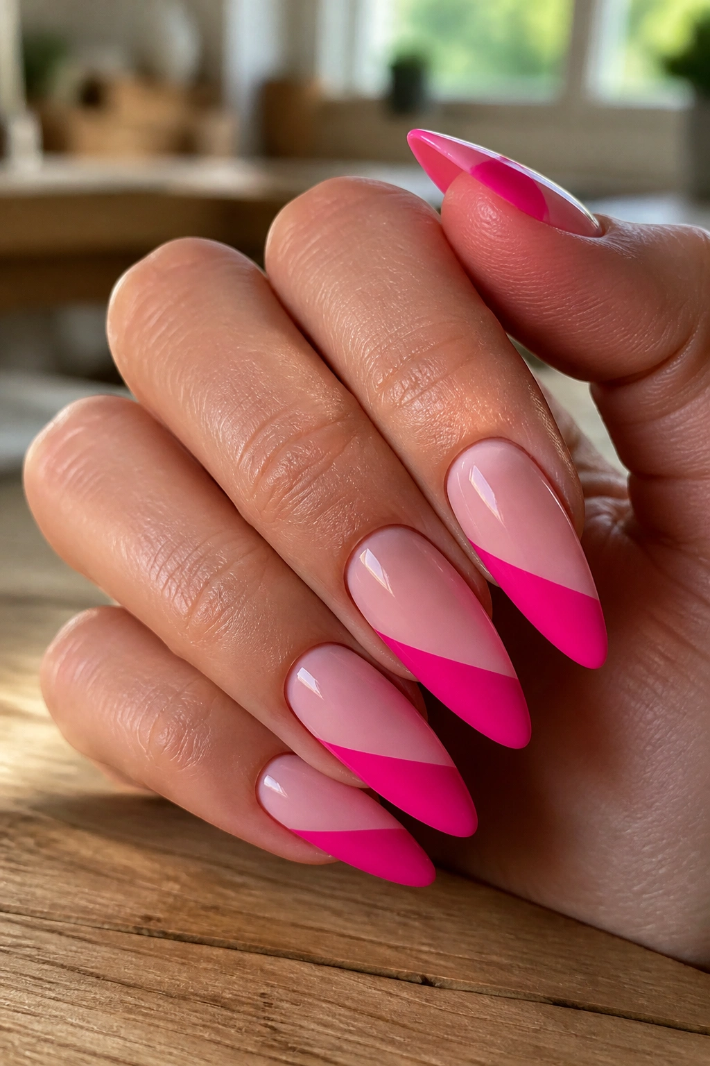 Close-up of diagonal pink nails on a real hand with almond shape
