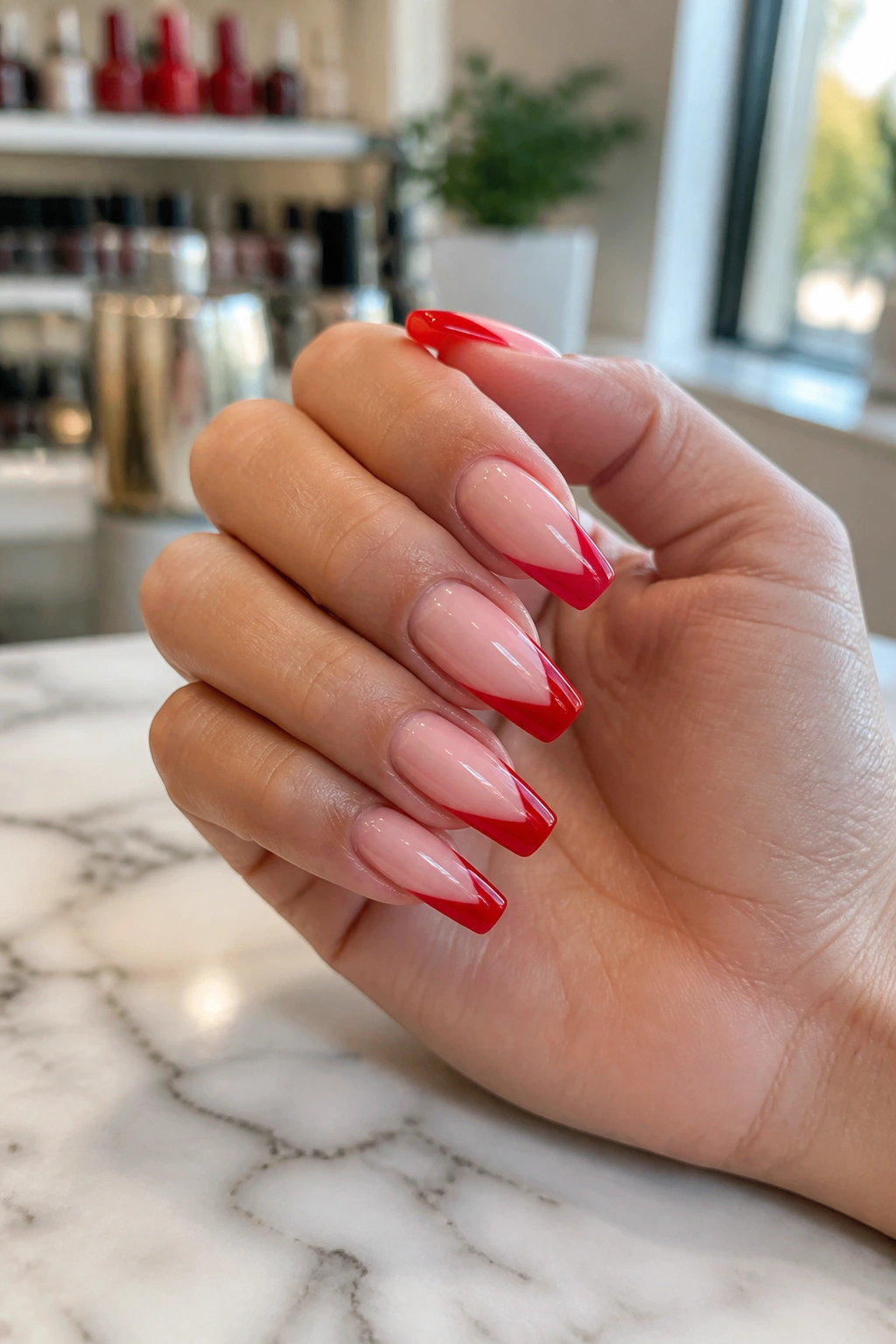 Close-up of coffin nails with side-swept diagonal red French tips on a real hand