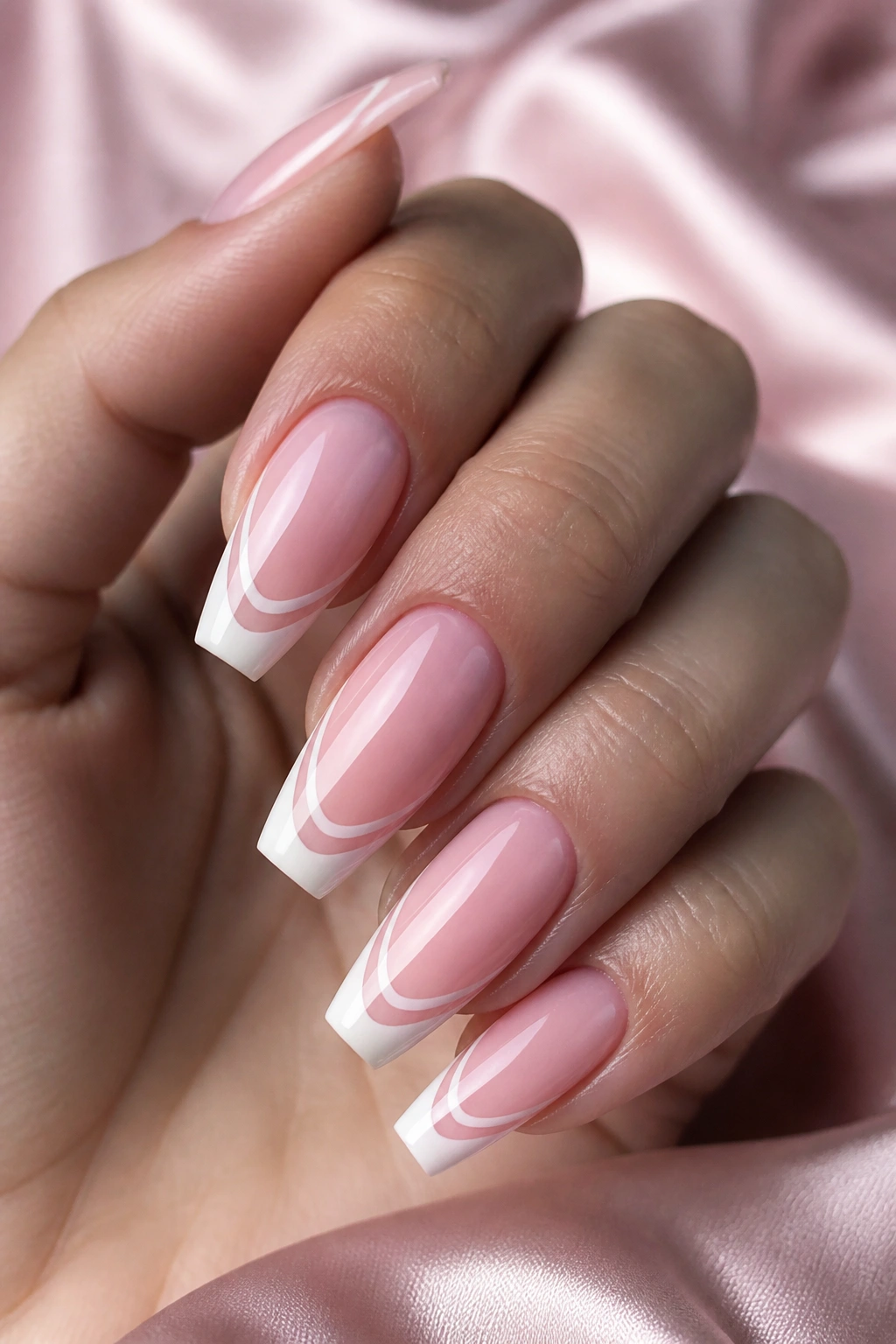Coffin nails with two white lines on a pink base