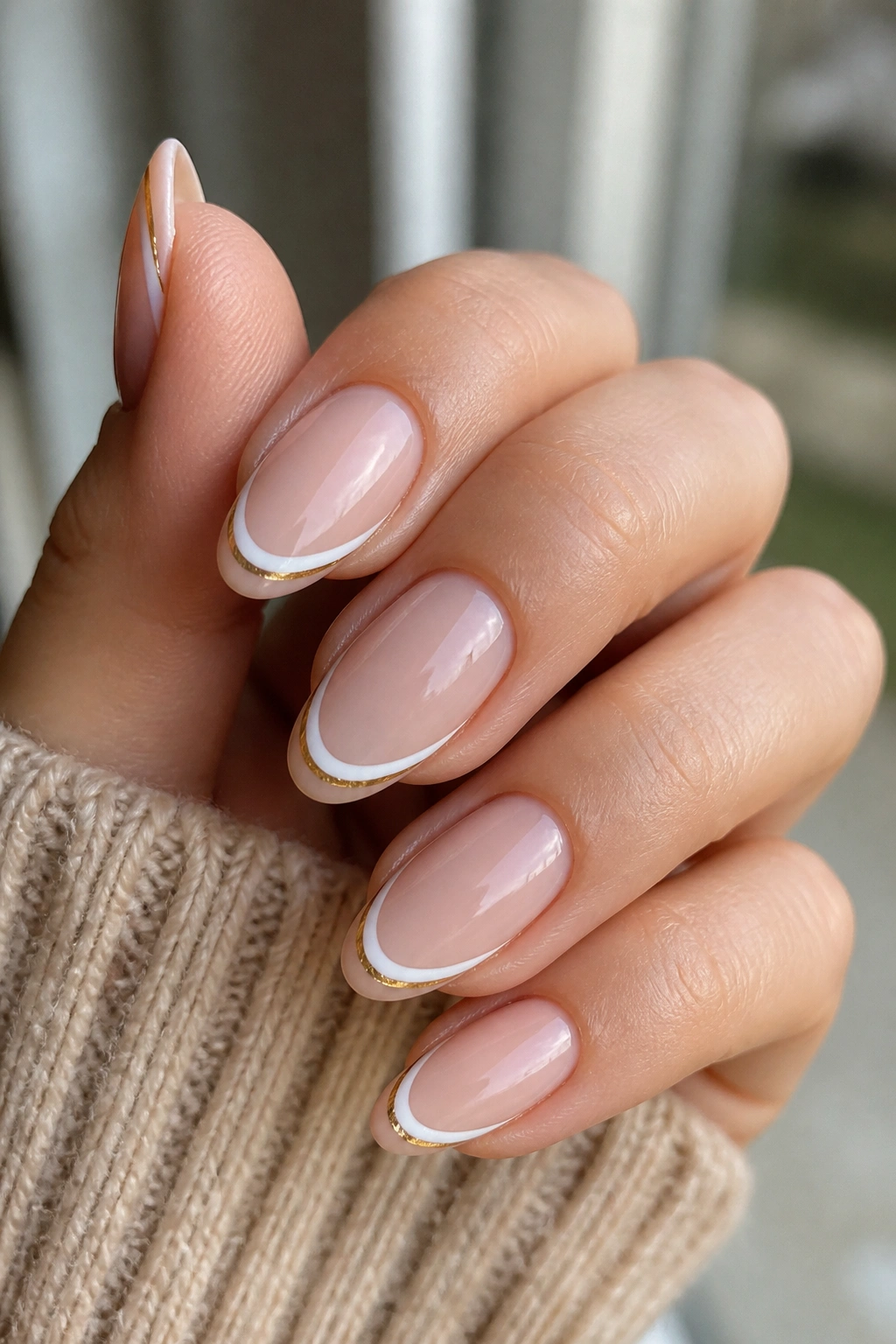 Close-up of a real hand with double French tips on almond nails over a bare base