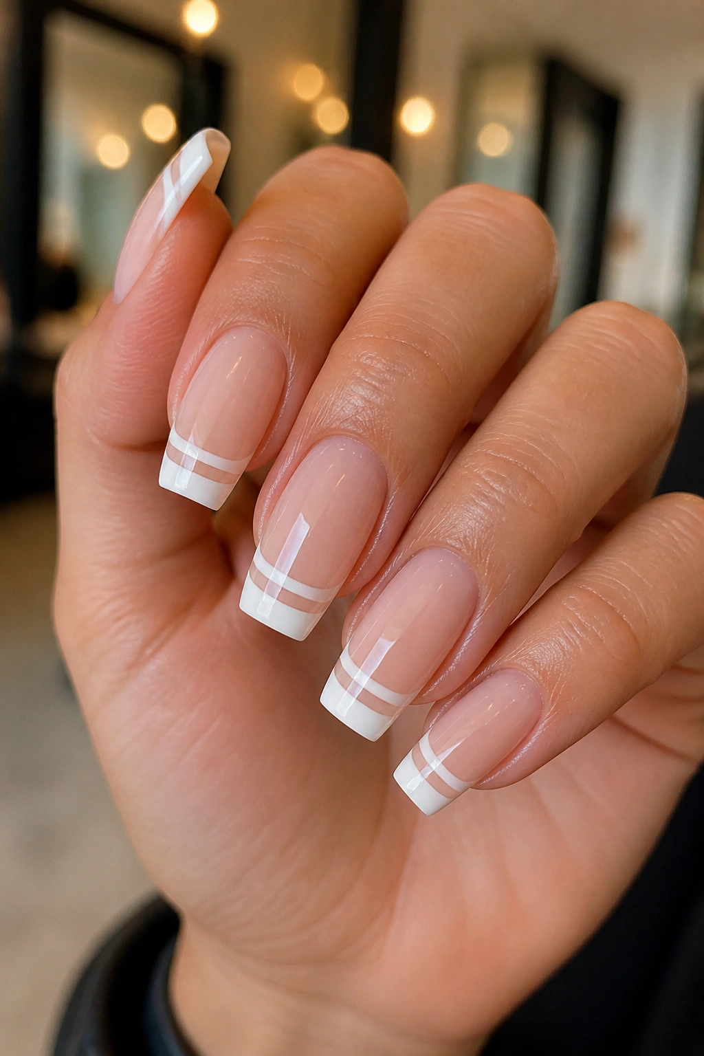 Real hand showing double-line French coffin nails with negative space