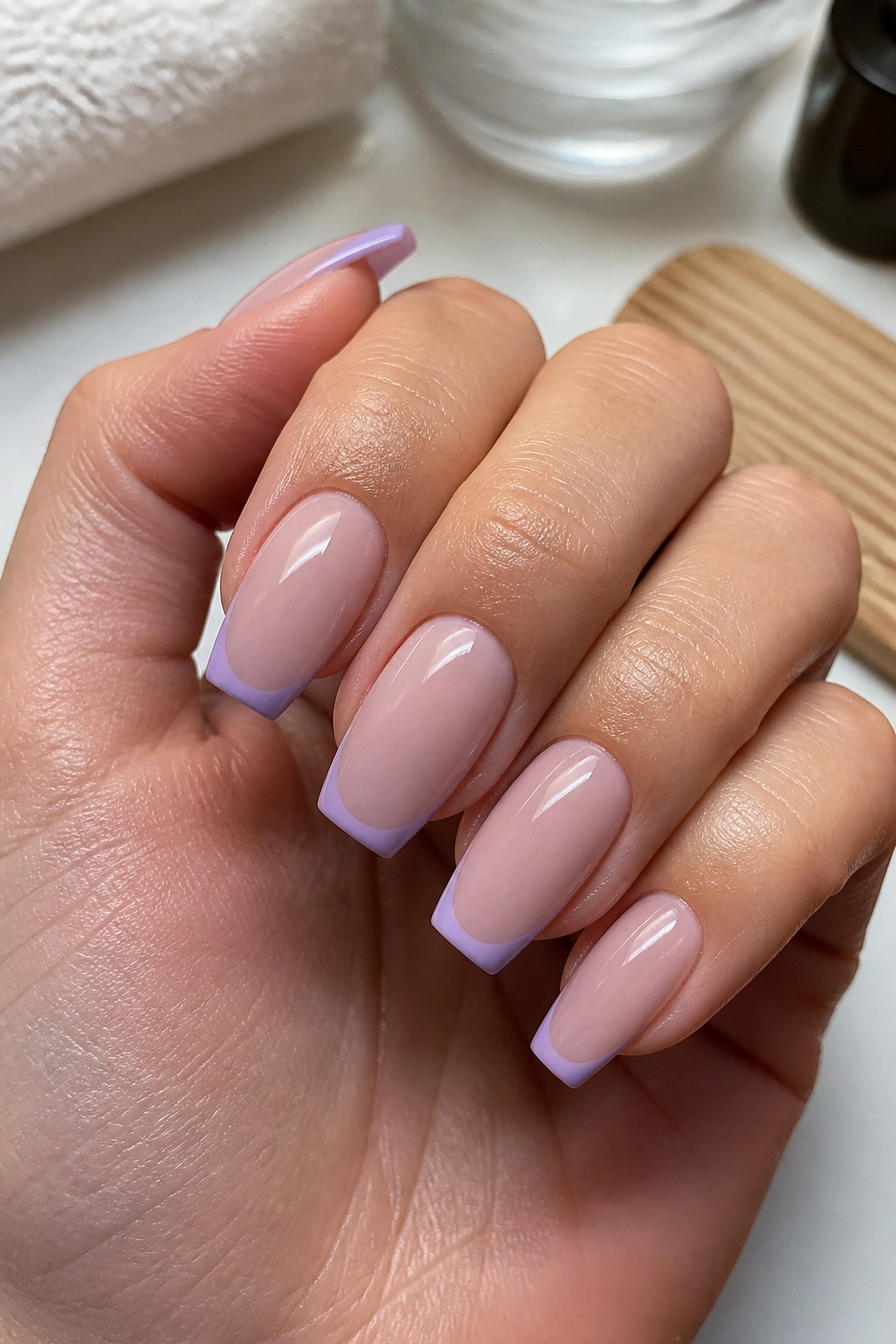 Close-up of dusty lilac coffin nails with a micro-French edge on a real hand.