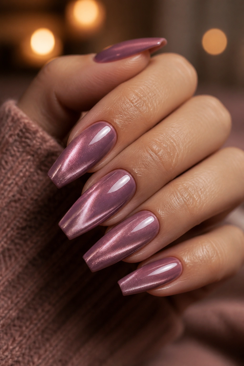 Dusty mauve cat-eye nails with chrome-shift on a real hand